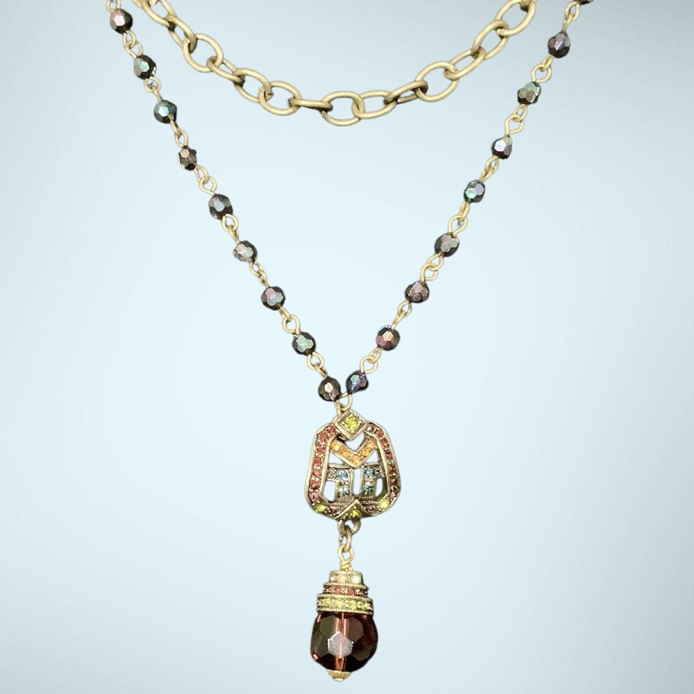 Heidi Daus Multicolored Art Deco Antique Gold Pendant with Swarovski Crystals.